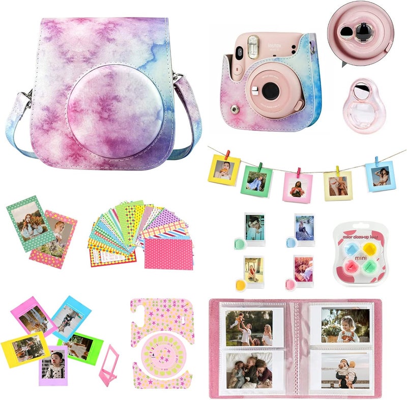 wogozan Mini 11 Accessories for Fujifilm Instax Mini 11 Instant Camera Include Case, Color Filters, Photo Album, 2x3 Frames, Selfie Lens and Stickers (Blue-Pink Watercolor) (No Camera) - Image 1